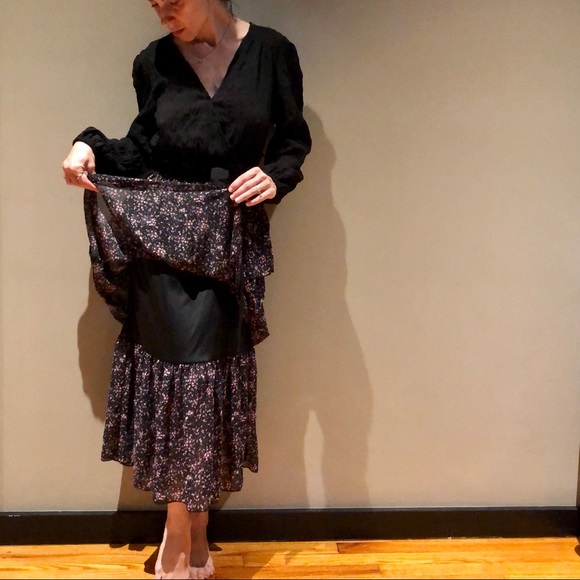 Dress S maxi black flounce long 2 4 sleeve belt - Picture 4 of 9